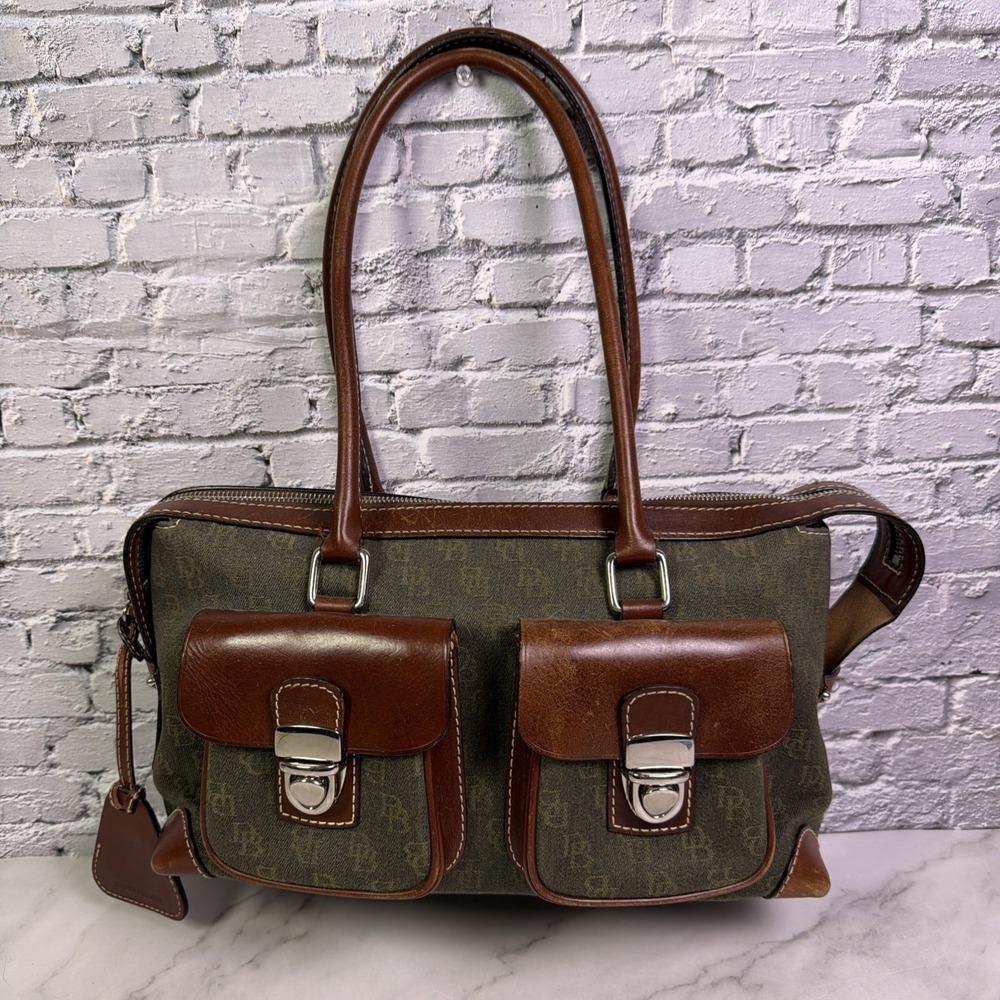 VTG Dooney & Bourke Handbag Canvas & Leather Hunter Green w/Dark Leather Accents
